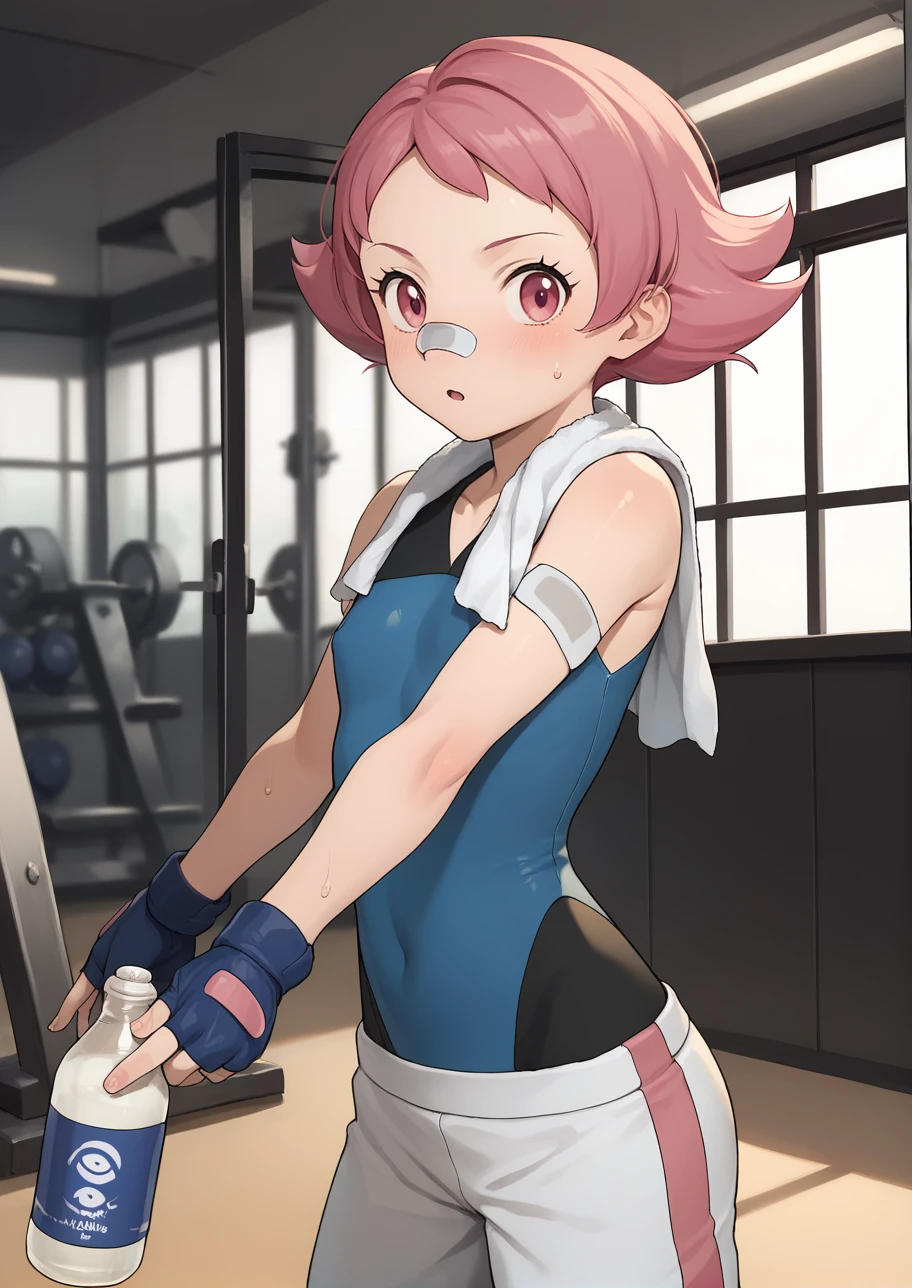 score_9,score_8_up,score_7_up,score_6_up,source anime BREAK, solo, flat colors,
indoors, gym, looking at viewer, sweat, bottle, towel, towel around neck, 
1girl, maylene (pokemon), pink eyes, pink hair, small breasts, short hair, eyelashes, pointy hair,
white pants, blue gloves, bandaid on nose, bandaid, bandaid on arm, bodysuit, fingerless gloves, spandex, sleeveless,
<lora:maylene_v1_0:1>