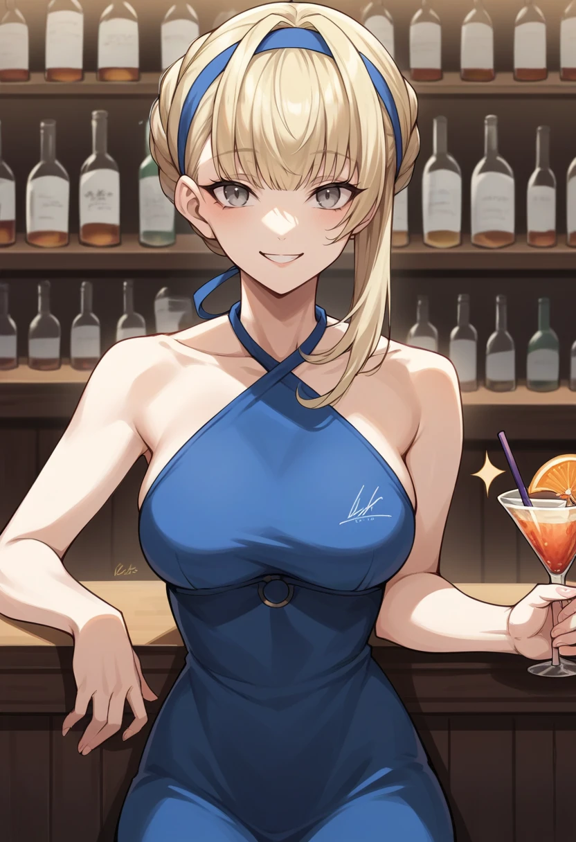 score_9, score_8_up, score_7_up, source_anime BREAK 1girl, solo,   <lora:zs_MeropeXL:1> meropep5x, blonde hair, blue hairband, braid, bangs, grey eyes,black halterneck dress, cowboy shot, bar, smile, cocktail,