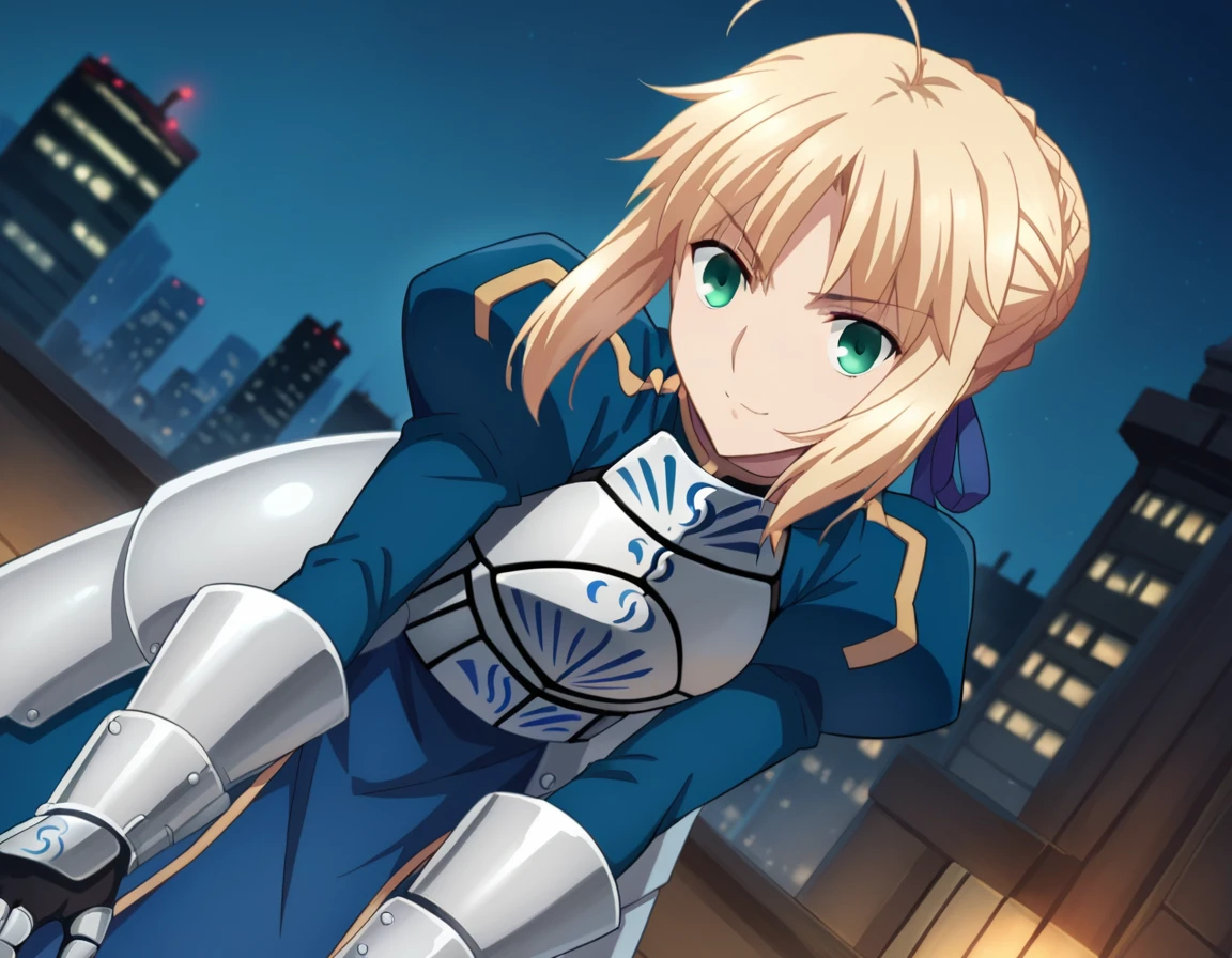 score_9, score_8_up, score_7_up, source_anime,
artoriapendragon, <lora:artoria-pendragon-hf-ponyxl-lora-nochekaiser:1>,
artoria pendragon, artoria pendragon \(fate\), saber, blonde hair, green eyes, ahoge, sidelocks,
hair bun, single hair bun, braid, dress, ribbon, hair ribbon, armor, gauntlets, armored dress,
outdoors, cityscape, bent over, smile,
looking at viewer, dutch angle,