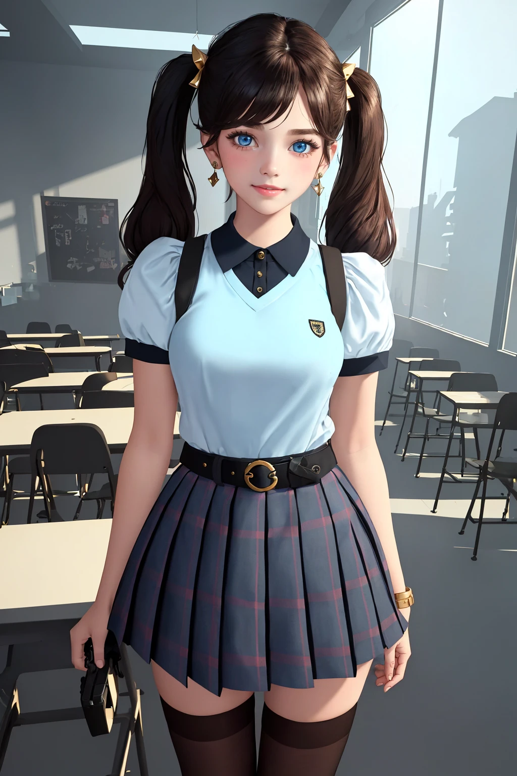 masterpiece, ultra-detailed, best quality, illustration, 8k cg wallpaper, an extremely delicate and beautiful, 1girl, solo, perfect anatomy, cute face, smiling, blushing, sparkling eyes, deep blue eyes, beautiful detailed eyes, dark brown hair, shoulder-length hair, twintails, cute hair accessories, cute earrings, cute choker, slim body, medium breasts, school uniform, perfect arms, perfect hands, perfect fingers, cute arm accessories, cute hand accessories, black belt with gold buckle, light blue plaid miniskirt, cute thigh-high stockings, perfect legs, cute, pretty, beautiful, sexy, perfect body, (background: classroom, desks, chairs, blackboard, windows, intricately detailed items in background), <lora:Inside:1>