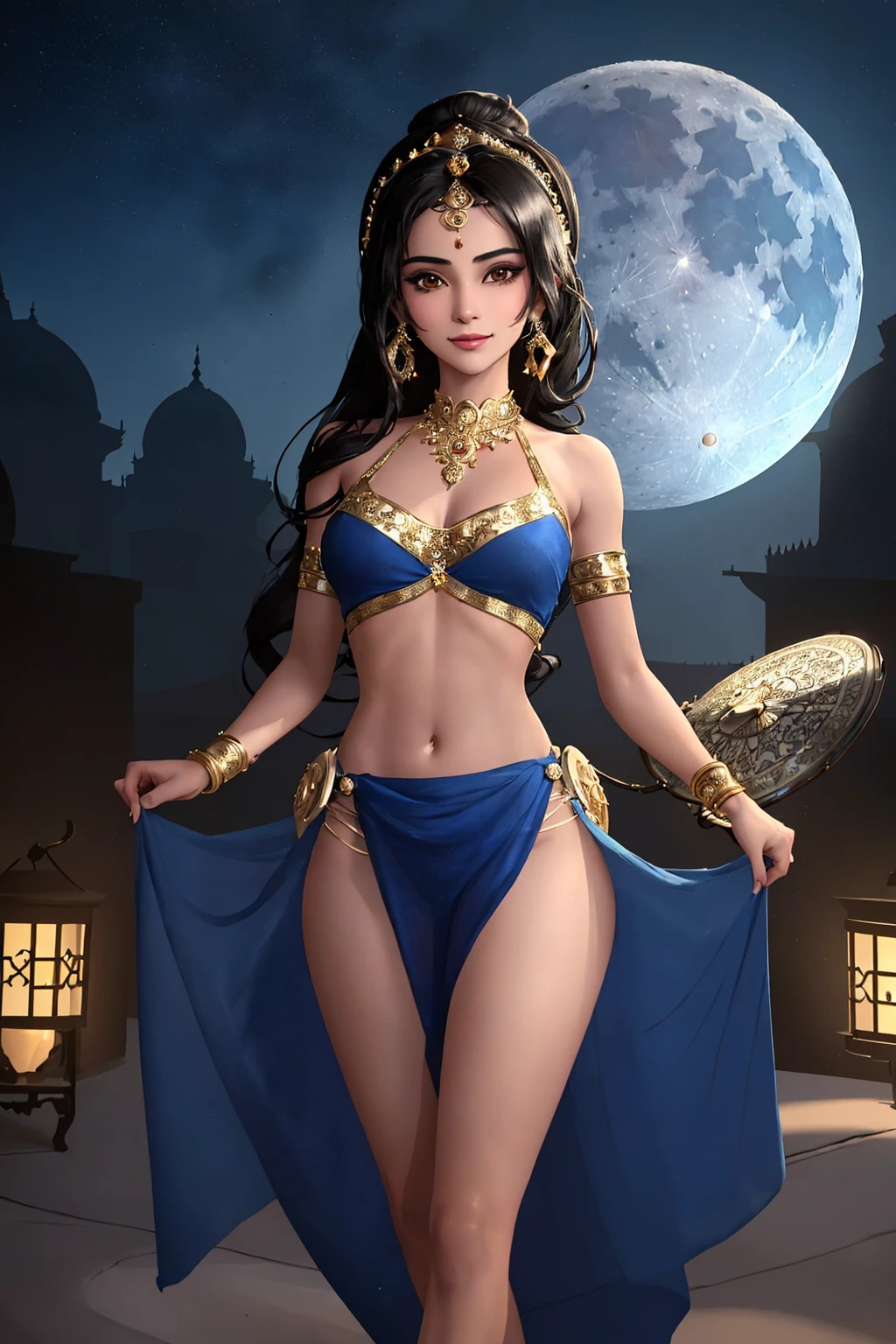 masterpiece, ultra-detailed, best quality, illustration, 8k cg wallpaper, an extremely delicate and beautiful, 1girl, Princess Jasmine /(Aladdin/), solo, perfect anatomy, smiling, blushing, dark skin, perfect arms, perfect hands, perfect fingers, perfect legs, cute, pretty, beautiful, sexy, perfect body, (background: Arabian city, Arabian buildings, night sky, moon, stars, intricately detailed items in background), <lora:Inside:1>