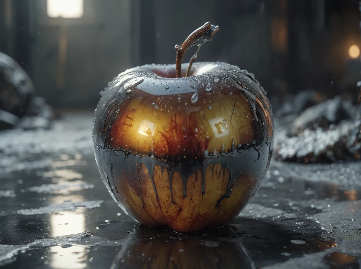 One shiny apple with melting chrome,reflection in glossy black glass,partially rotted apple with a hint of color,removed core,ultra-realistic image,8k resolution,saturated cold tones,complex textures,reflections,perfectly polished surface,futuristic concept art according to the rule of thirds. Modifiers: The trend on Artstation is the highly detailed,intricate,clear cinematic composition of Unreal Engine,clear realism,8 Kbit/s,high-octane rendering,64 Kbit/s,UHD,HDR,HQ,photography,sophisticated wallpaper,watercolor alcohol ink,4k 4K 3D detailing,high-definition cinematic post-processing,beautiful hyperrealistic,ultra-detailed,clear contrasts,melting,dripping chrome