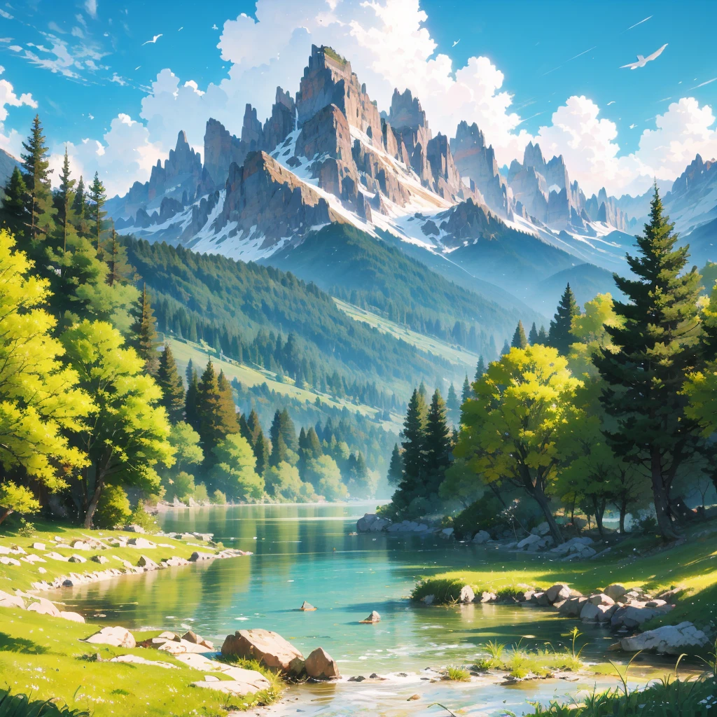 Araf view of the lake surrounded by mountains and trees,photo of the lake on a sunny day,vast sky,mountains near the lake,in the dolomites,distant mountains and lakes,beautiful lake,mountain lake,lake between mountains,beauty lake background,dolomites in the background,beautiful lake in the foreground,Studio Ghibli environment,4k matte painting,anime movie background,