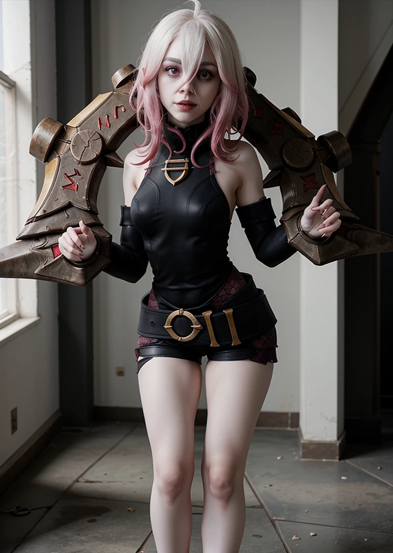 1girl, briarlol, bangs, ((pale hair)), ((original briar_(league_of_legends))), ((original runes weapon)), tight short dress,