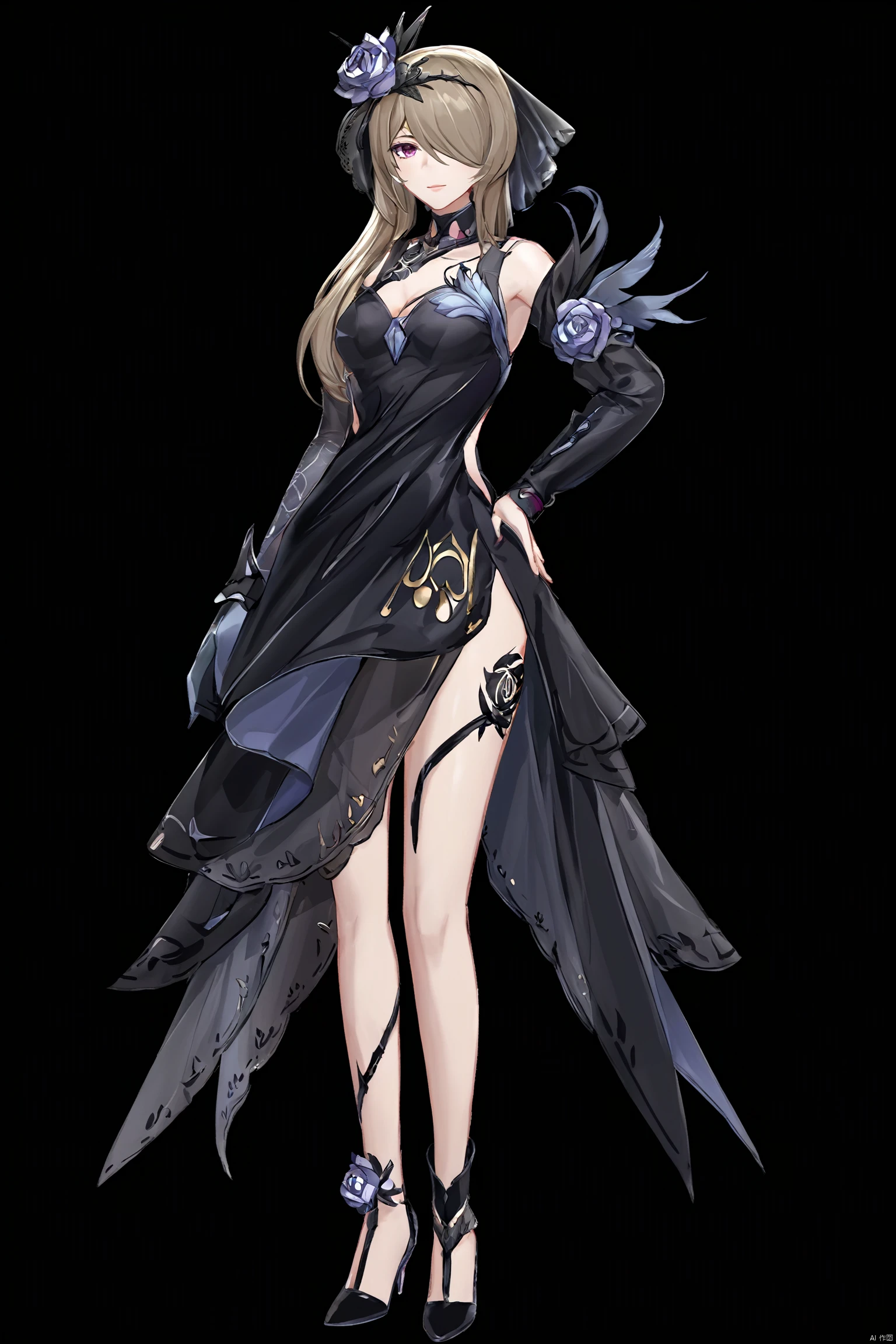 best quality,ultra high res,(1girl:1.2),(solo:1.2),(full body:1.5),expressionless,white hair,tsurime,closed mouth,side ponytail,(black evening gown:1.1),(elbow gloves:1.1),orange eyes,white background,simple background,(high heels:1.1),black pantyhose,