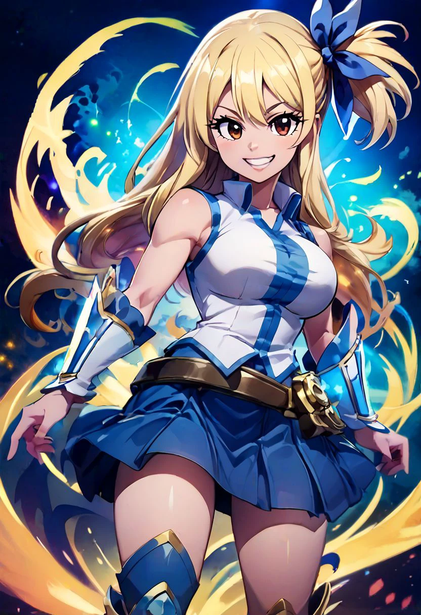 score_9, score_8_up, score_8, medium breasts, cute, eyelashes , 
aaLucy, hair ribbon, side ponytail, blonde hair, long hair, large breasts, white shirt, sleeveless, belt, blue skirt, smile, 
 official art, valkyrie connect, magic, swirl, Aura, energy, glowing, swirling energy, dynamic pose,