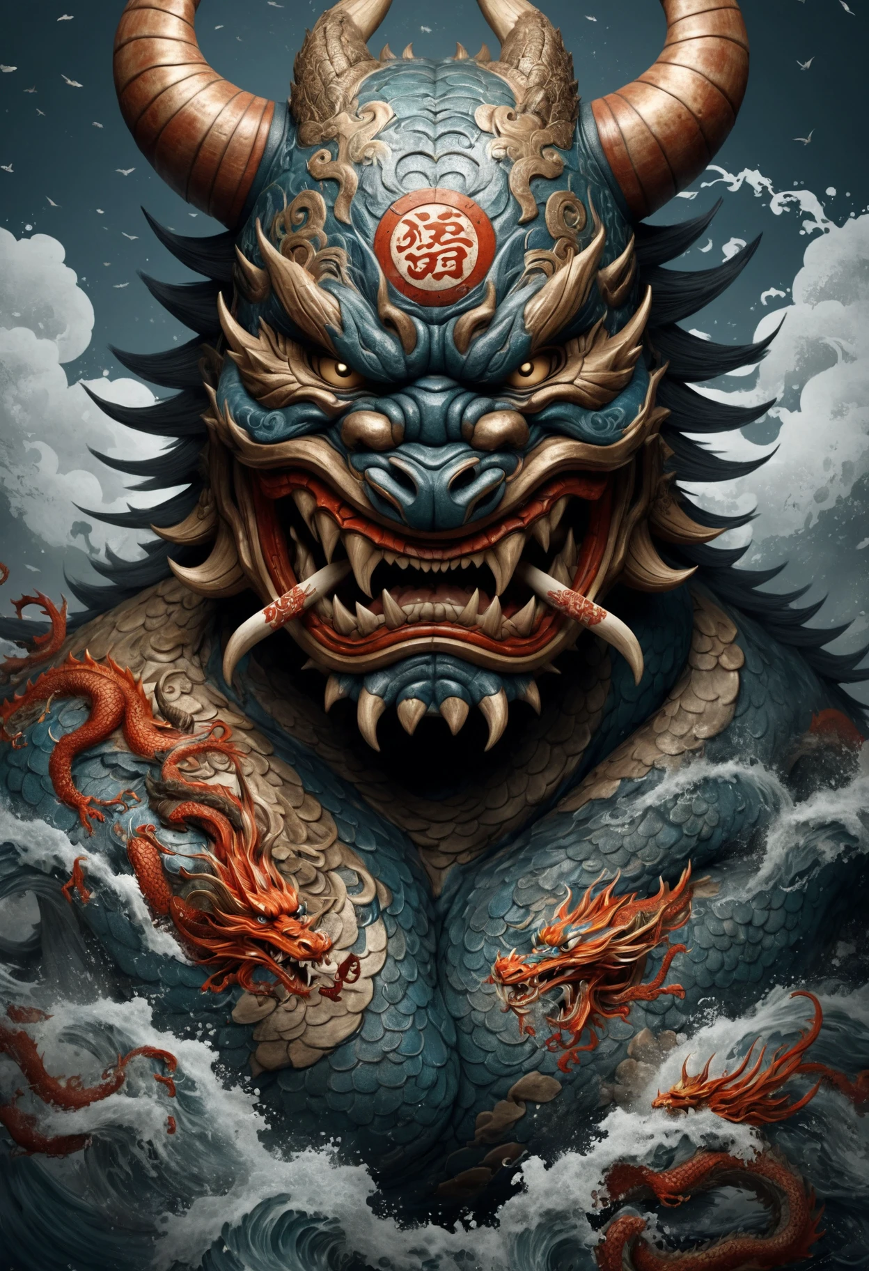 DonMP41n717Bl4ckXL DonMD347hM374lXL (masterpiece, best quality,detailed light), DonMH4ny4XL, marsh, tide, illustrated with dragons and hannya masks, (highres, 4k, 8k, intricate detail, cinematic lighting, amazing quality, amazing shading, soft lighting, Detailed Illustration, wallpaper) <lora:myLoraXL_test\DonMH4ny4XL-000008:0.8>, ,