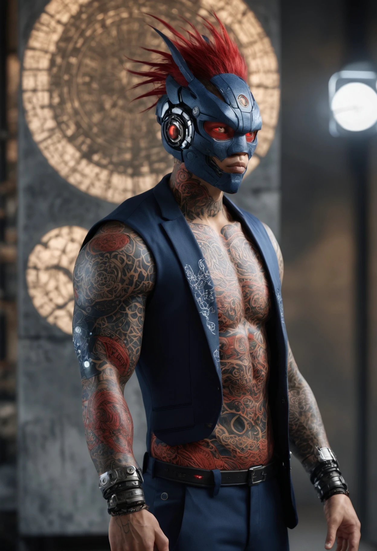 (masterpiece, best quality,detailed light), DonMH4ny4XL, female male event planner, virtual constructs, digital entities existing purely in virtual reality, taking on various forms and functions, legal age balanced, inuit, ruby red eyes, u-shaped jaw, , indigo faux hawk hair, anticipation, relaxed rest, character sits or leans against a surface, looking calm and at ease, wearing electromagnetic field trousers, sapphire polychrome mesh holographic tuxedo jacket, gravity-defying eye implants , robotic precision, character strikes a precise, mechanical pose, with rigidly angled limbs and straight posture, timeless retro-fitted lofts, carbon nanotube reinforced concrete, led outdoor lights, pathway lighting, post-cyberpunk, tattoos with hannya and dragon (highres, 4k, 8k, intricate detail, cinematic lighting, amazing quality, amazing shading, soft lighting, Detailed Illustration, wallpaper) <lora:myLoraXL_test\DonMH4ny4XL-000008:0.8>,