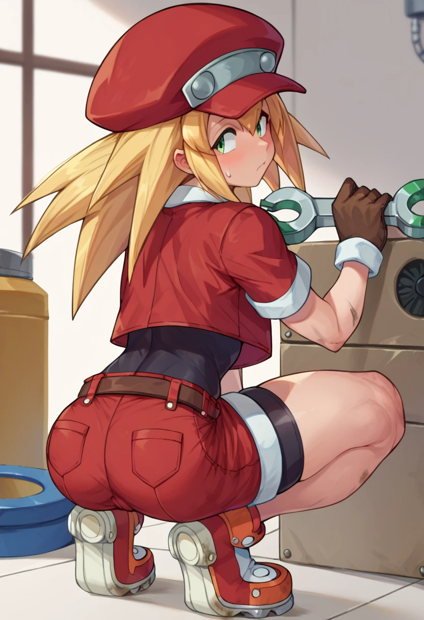 rating_explicit, score_9, score_8_up, score_7_up, score_6_up, score_5_up, score_4_up, by ishikawa hideki,
<lora:RollCaskettMegamanPonybyRR:1>, roll caskett (mega man), hair between eyes, bangs, long hair, spiked hair, blonde hair, green eyes, red cabbie hat, brown gloves, red jacket, short sleeves, spandex, brown belt, cropped jacket, bike shorts under red shorts, red boots,
1girl, full body, bend over, crouching dirty, dirty face, holding, fixing machine, sweatdrop,
dynamic shot, indoors, taller, tools, wrench