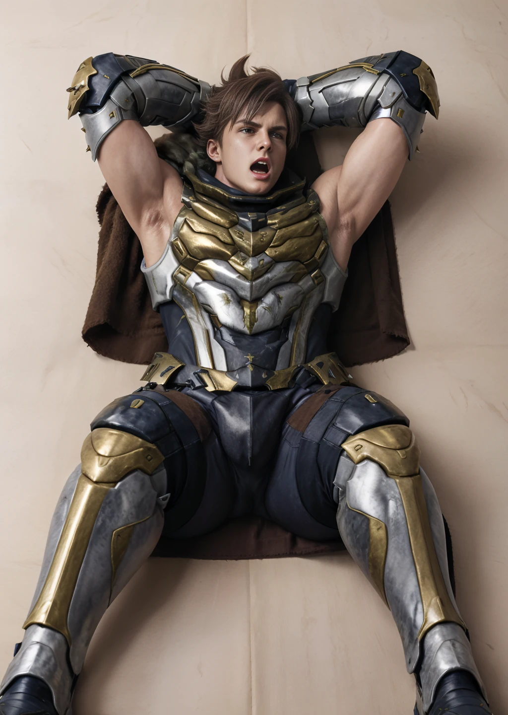 ((best quality)), ((masterpiece)), ((realistic)), (detailed), ((homoerotic))
narrow waist, Slim waist,
Lars Alexandersson, Swedish, European, brown hair, blue eyes, spiked hair, armor, bulge,, 1guy, armor boots, torso armor, sleeveless, gauntlets, defeated, shoulder pad, scarf,
<lora:Lars_T7:1>
<lora:麻è¢ç¦å£®è°æ´-2~2:-1>
unconscious, KO, lying down, supine, knockout, <lora:screaming:0.7> open mouth,