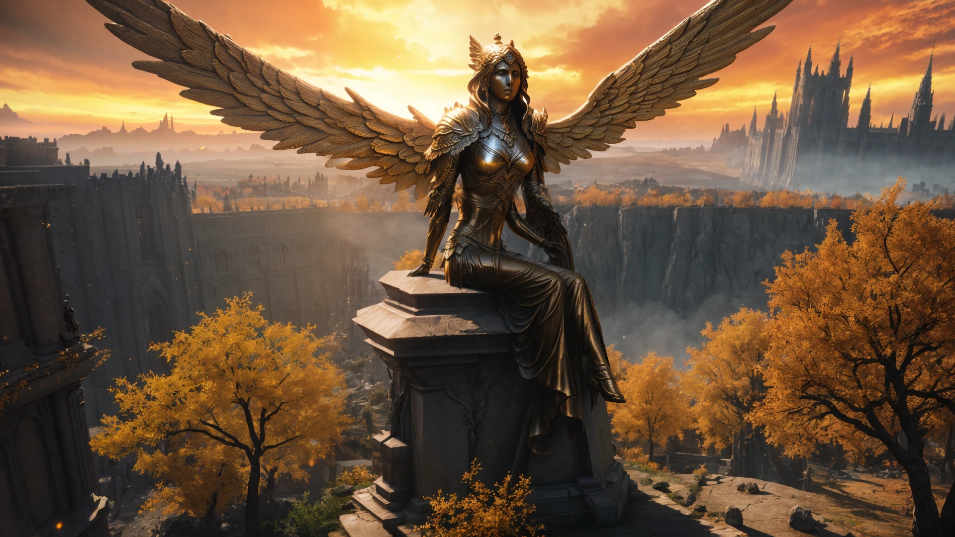 close view of (bronze) angel (statue:1.3) sitting with spread wings,
no humans,
BREAK
trees, yellow sky, burning sky,
autumn, cliff, mountains,
BREAK
((realistic rpg)), heroic fantasy,
(eldenring scenery), 
(cgi, ray tracing, light particles,unreal engine, octane render),
 <lora:woafu_rpgstyle:0.8>