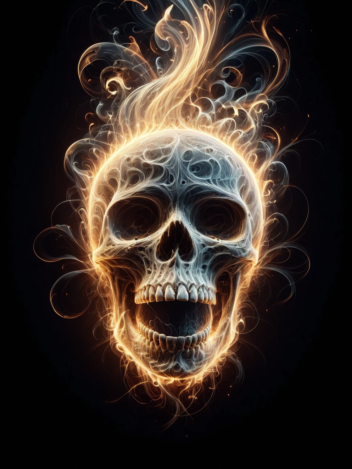 (floating skull:1.4) englufed by mad-wsps flames, looking at view, laughing, cinematic shot, dramatic lighting <lora:Wisps_of_Light_SDXL:1>, masterpiece, best quality, ultra high res, (photorealistic, realistic:1.2), deep shadow, raw photo, film grain, Fujifilm XT3, 8k uhd, dslr