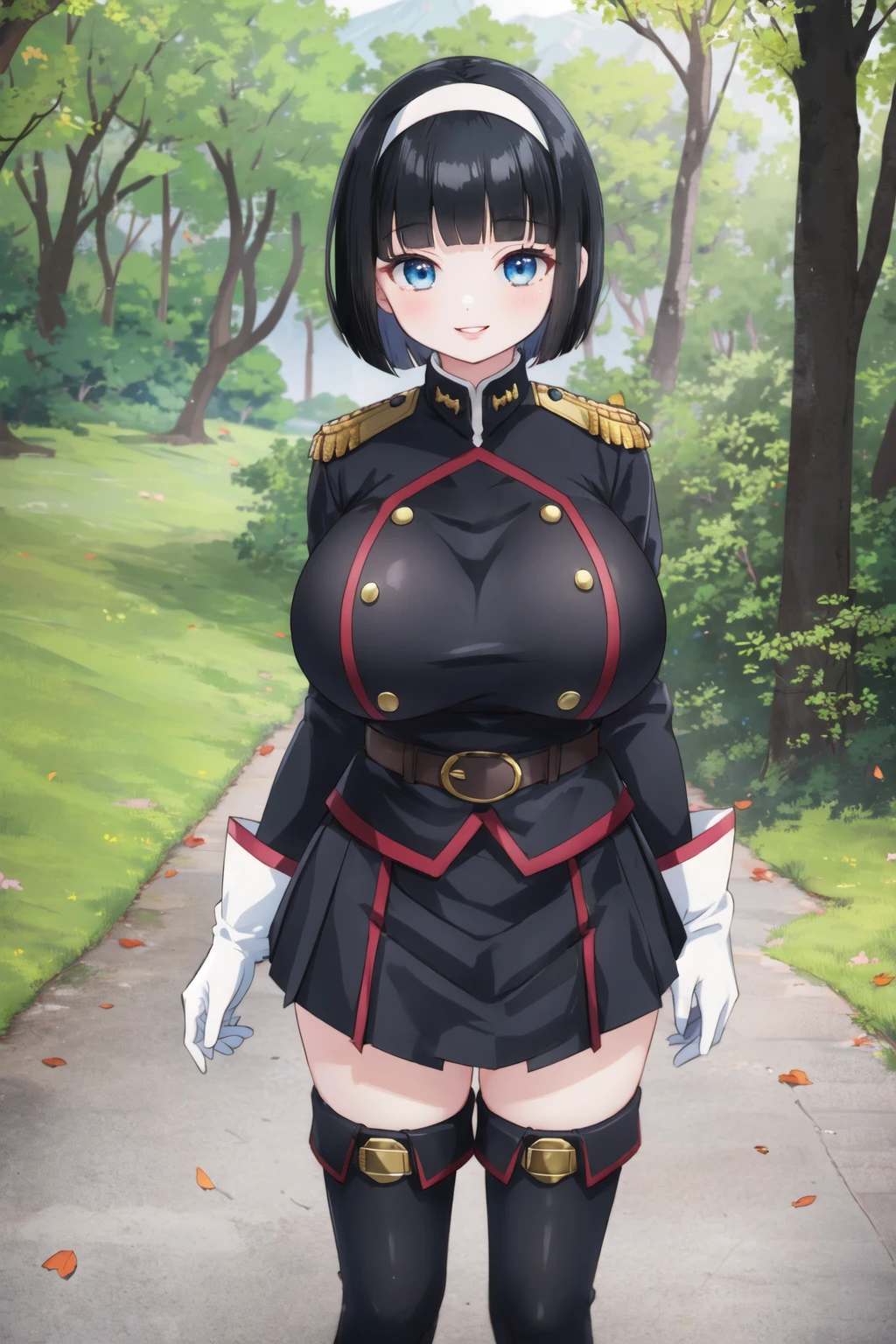 (mato uniform), huge breasts, mountain, nature, outdoors, <lora:mato:0.6>, pleated skirt, black skirt, long sleeves, white gloves, thigh boots, black hair, bob cut, hairband, blunt bangs, blue eyes, lips, smile