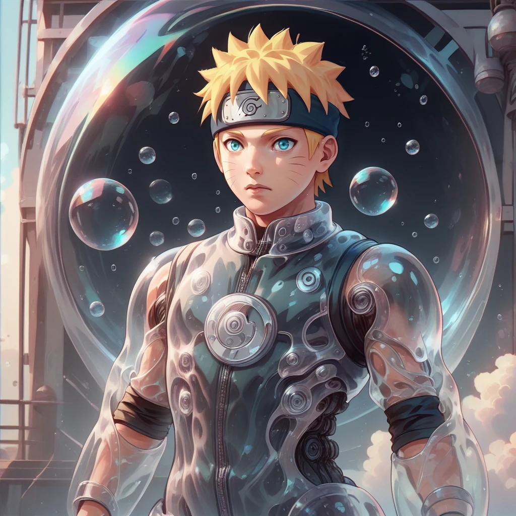 score_9, score_8_up,  <lora:BubblyTech_PonyXL_B-000013:1>,bubblytech ,scifi,   transparency, caustics , iridescent,
uzumaki naruto, cowboy shot, forehead protector,