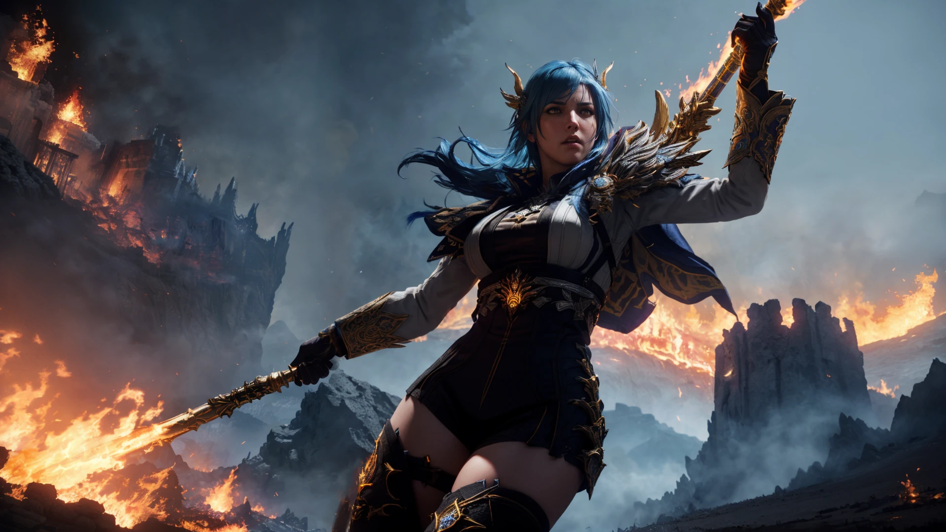 <lora:eula2-000009:0.7> euladef,blue hair, yellow purple eyes, hair ornament, thighhighs,
serious, agressive,deep intensive murderous glance, shouting,
holding weapon (above the head), huge flaming ornate claymore above the head, about to strike,
embers, fire, flames,
(((bg3,elden ring scenery))),
BREAK
dramatic pov,(photorealistic face,dynamic, motion blur),(epic:1.3),
(realistic cgi, unreal engine, octane render:1.2),
 <lora:woafu_rpgstyle:0.8>