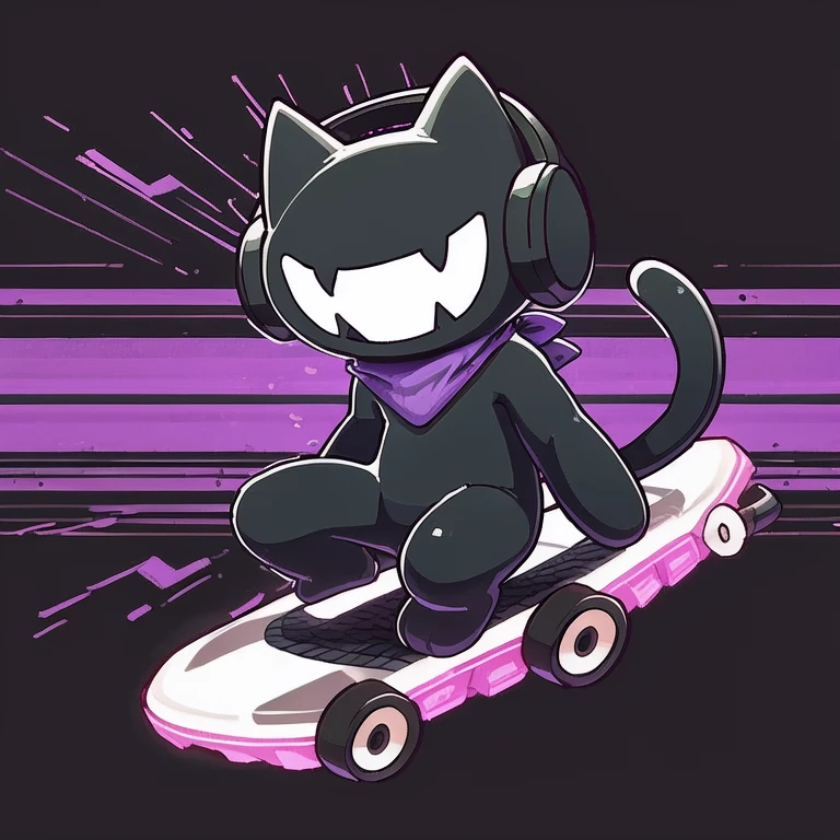 (best quality, high quality:1),  <lora:fluffyrock-quality-tags-v4:1>, monstercat, black cat, male, short, black headphones, black fangs, purple bandana, black tail, smile, anthro,
riding on black hover board, glitch background,  <lora:Monstercat_LoRA_v1.1:0.7>