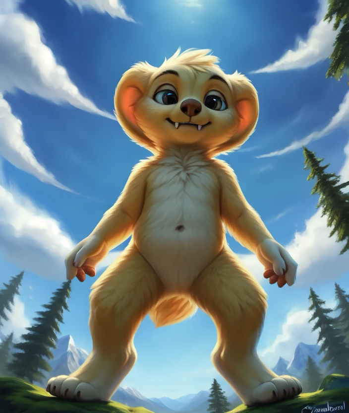 <lora:HugoCartoonCreat:1> HugoCartoonCreat,  [road, earth, forest, trees, sky, clouds, mountains,]  male,  furry, yellow  fur, fangs, 
textured fur, solo,  looking at viewer, to his full height,  (beautiful, aesthetic, perfect, delicate, intricate, masterpiece, )  chibi, (worm's-eye view, looking down,)
by silgiriya mantsugosi, [[detailed Chunie lighting ]], [by personalami0.2], by cynicalstarr,