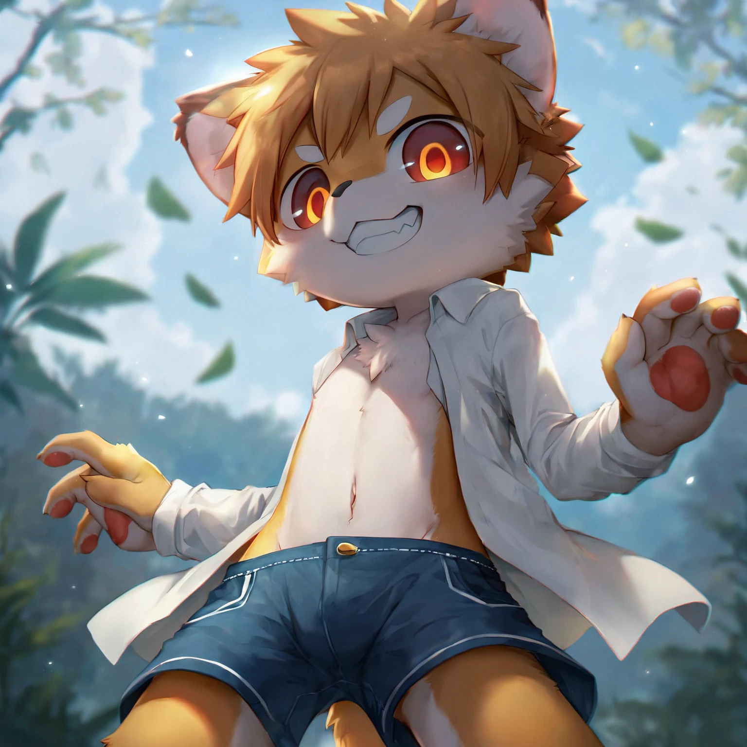 shota,furry,cute,lovely,orange fur,white ears,blue eyes,green hoodie,gray shorts,warm lights,daytime