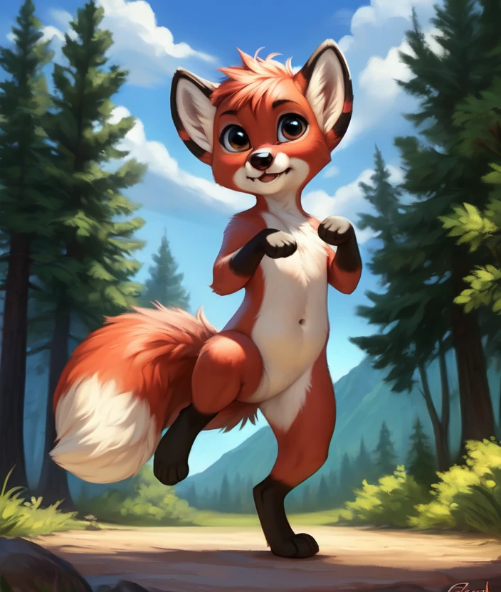 <lora:RitaCartoonCreat:1> RitaCartoonCreat,  [road, earth, forest, trees, sky, clouds, mountains,]    fox, red fur,   nude, animal, fenale, 
textured fur, solo,  looking at viewer, to his full height,  (beautiful, aesthetic, perfect, delicate, intricate, masterpiece, )    chibi,
by ulitochka, by taran fiddler, by Silverfox5213, by personalami,  (fighting stance)