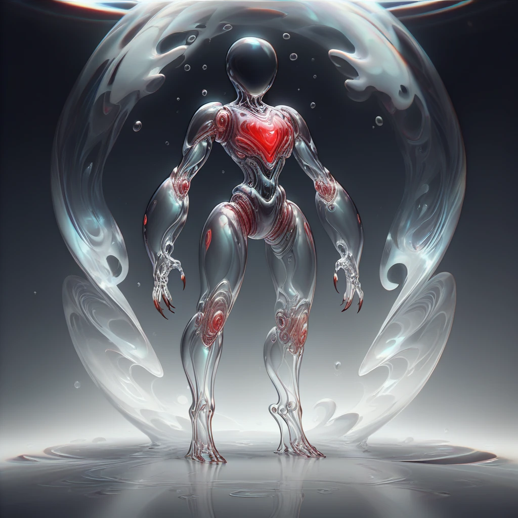 score_9, score_8_up, <lora:BubblyTech_PonyXL_B-000013:1>,bubblytech ,scifi, transparency, caustics , iridescent,
concept art, tall, full body, black inky skin, faceless, eyeless, noseless, mouthless, long fingernails, red bioluminescence, dark magic aura,,