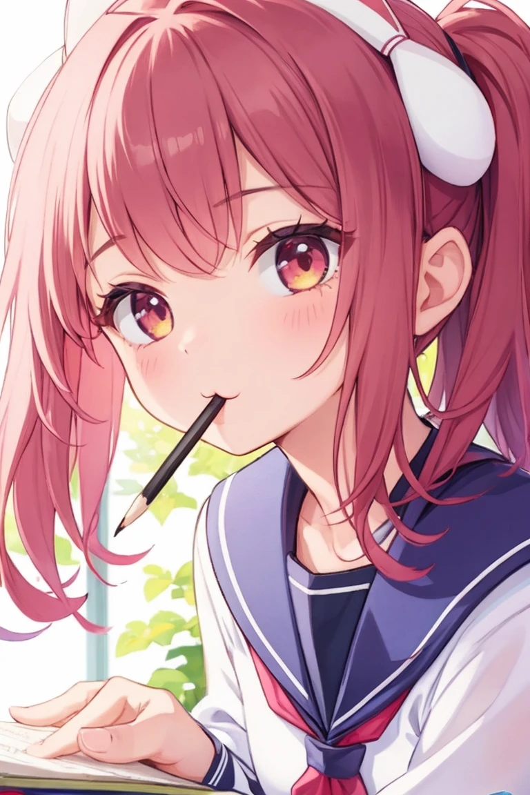 <lora:inmouth:0.7> 1girl ,pencil in mouth, :3,school,fake ears,