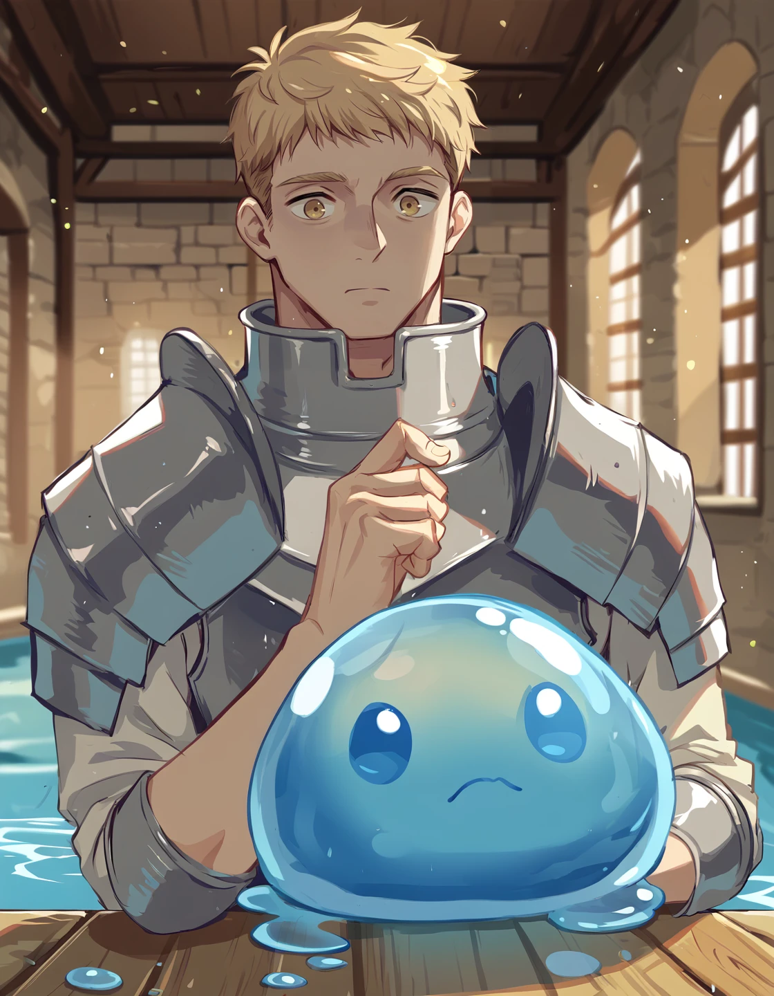 score_9, score_8_up, score_7_up, score_6_up, source anime, BREAK
<lora:dungeon_meshi_collection:0.9> soialpnxl, laios thorden, 1boy, male focus, armor, slime \(creature\), upper body, solo, dungeon meshi, pool, indoors