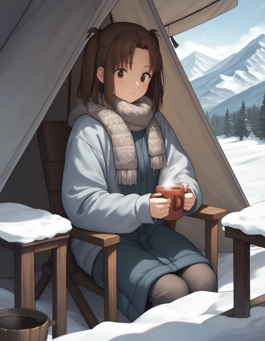 score_9,  score_8_up, score_7_up
<lora:sacchin-ponyxl-000025:1> sacchin, brown eyes, brown hair, parted bangs, sidelocks, two side up, winter clothes,
1girl, mug with hot tea in hand, steam trail from mug, sitting, outdoors, chair, tent, snow, mountain