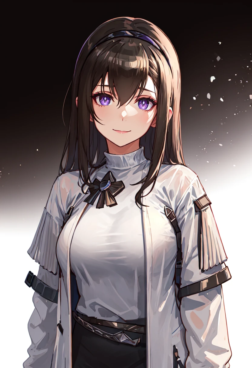 best quality, masterpiece, highres, solo, (priestess_arknights:1.10), 1girl, looking at viewer, smile, simple background, long sleeves, white background, closed mouth, shirt, upper body, jacket, open clothes, 2 <lora:priestess_arknights:0.80>