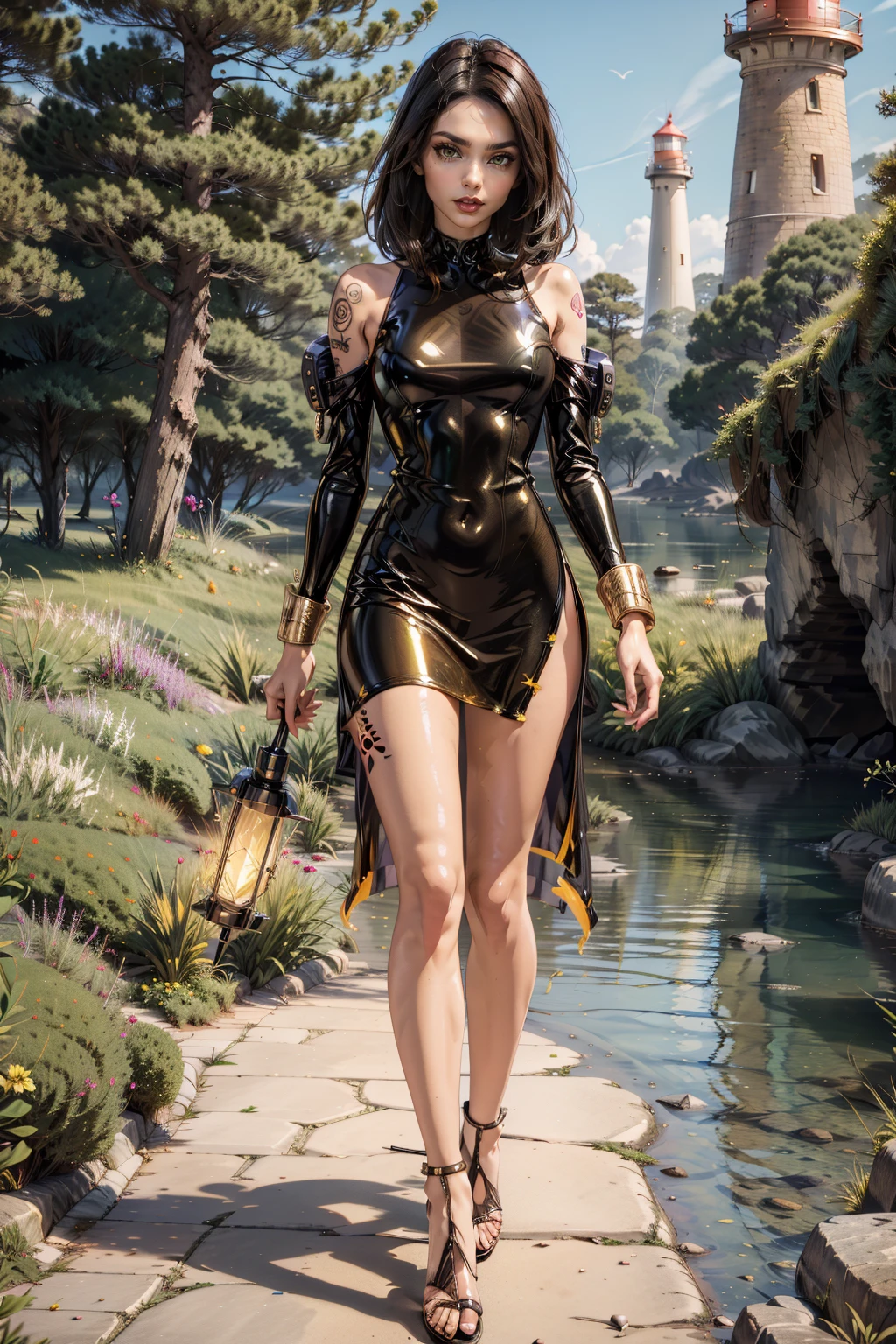 <lora:OnyxWorld:1> (OnyxWorld:0.8) 1woman (brunette sexy slim long legs latex dress :1.4) (full tattoo:1.3) walking in (background lighthouse , forest, sea:1.2)  <lora:highleg_panties_v0.1:1> panties, highleg panties