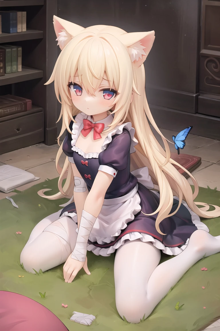 (masterpiece),best quality,sitting,wariza,1girl,solo,blonde hair,long hair,dress,butterfly hair ornament,bandages,bowtie,striped bow,hair between eyes,puffy sleeves,apron,striped,short sleeves,pantyhose,bandaged arm,alice \(alice in wonderland\),