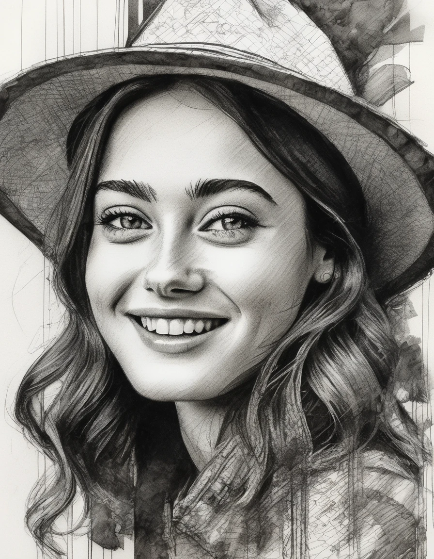 Pencil Sketch Drawing, ,  collage style illustration of (ellprnllfll woman) ,smiling,mixed media, layered, textural, detailed, artistic, black and white drawing, graphite drawing <lora:Ella Purnell v2:1.0>