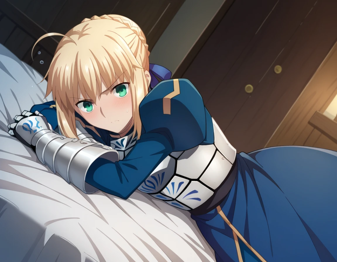 score_9, score_8_up, score_7_up, source_anime,
artoriapendragon, <lora:artoria-pendragon-hf-ponyxl-lora-nochekaiser:1>,
artoria pendragon, artoria pendragon \(fate\), saber, blonde hair, green eyes, ahoge, sidelocks,
hair bun, single hair bun, braid, dress, ribbon, hair ribbon, armor, gauntlets, armored dress,
indoors, bed, bed room, on side, blush, drunk,
looking at viewer, dutch angle,