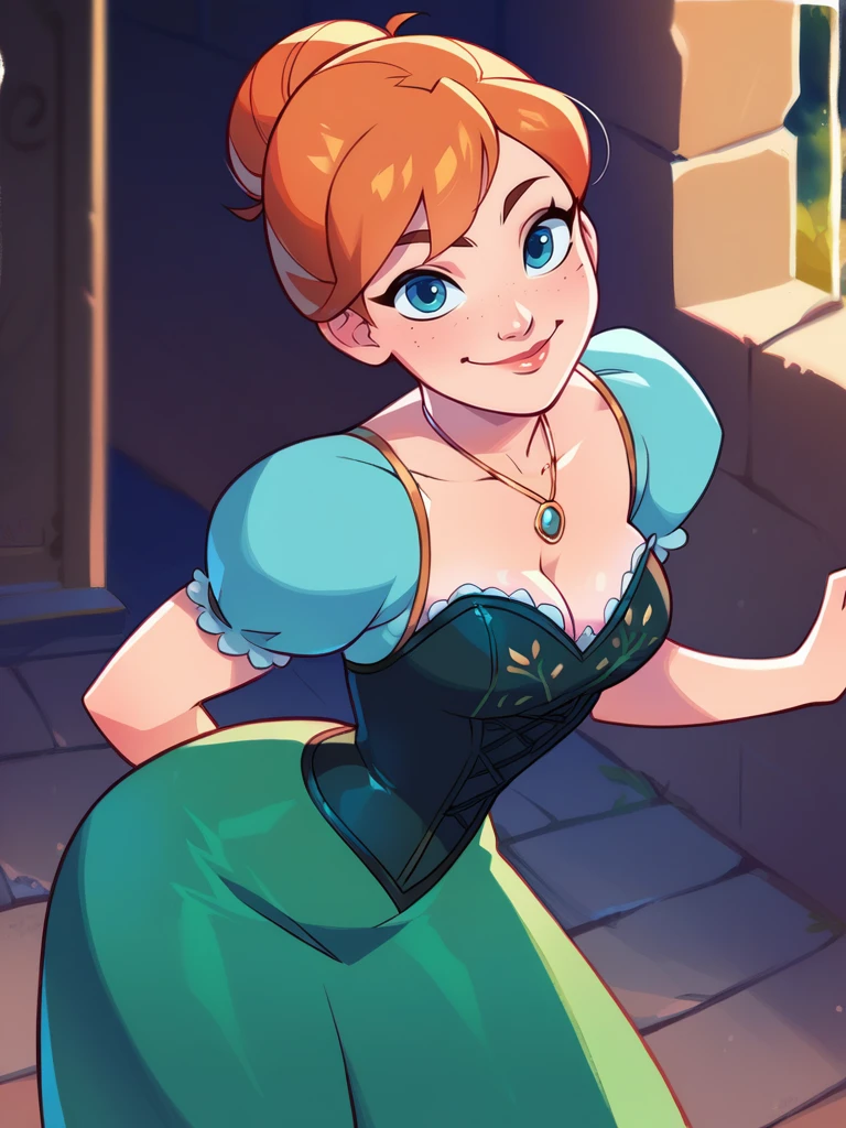 score_9, score_8_up, score_7_up, score_6_up, 1girl leaning forward, cute pose, green dress, long skirt, corset, hair bun, necklace, medium breasts, narrow waist, wide hips, thick thighs, looking at viewer, dynamic pose, smile, cute, solo, cowboy shot, realistic, cute, cartoon, from side, from above, village, castle,
<lora:AnnaXLP_character:0.8>AnnaXLP <lora:KajinmanLycoXL:0.8>