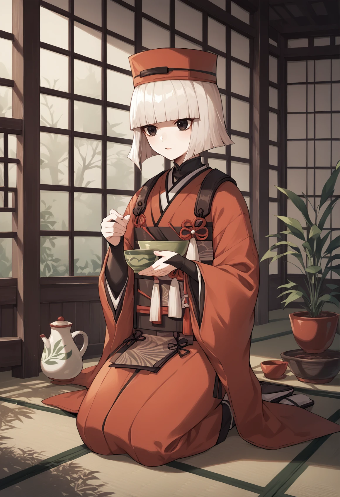 1girl, pale skin, short hair, grey hair, black eyes, bob cut, japanese clothes, kimono, red kimono, sash, long sleeves, wide sleeves, bridal gauntlets, hat, kneeling, tea ceremony, indoors, japanese house <lora:SenHime:1>, score_9, score_8_up, score_7_up, score_6_up, score_5_up, score_4_up, BREAK source_anime, masterpiece