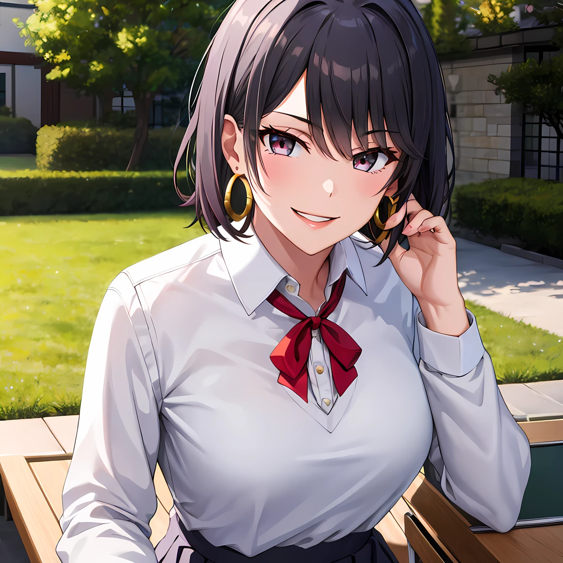 (masterpiece,hires), (2.5D:0.2), attractive woman, 1girl, short hair, haruno,hoop earrings, jewlery, , school uniform, white shirt, grey skirt, collared shirt, black sweater, red ribbon, outdoors. (seductive evil smile), simple background, female focus, looking at viewer, natural lighting, <lora:me_haruno-08:0.7>