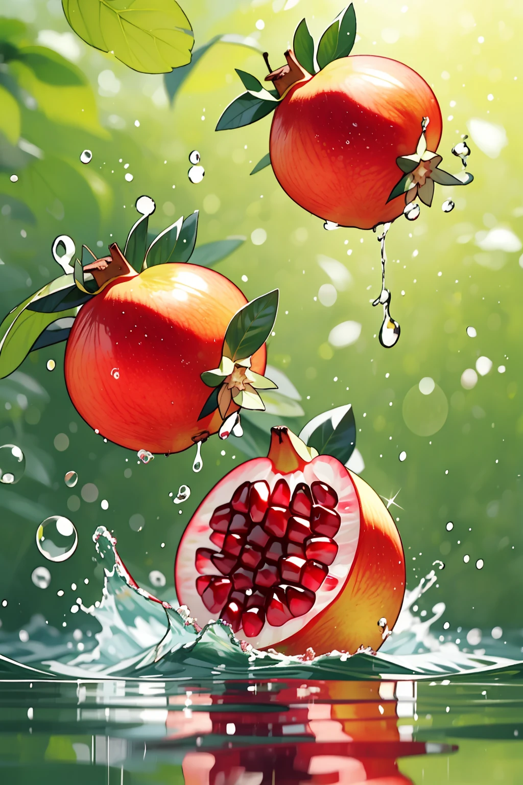 no humans,Photographic,fruit, Pomegranate, water splashing, splashing, multiple others, realistic, Bubbles,blur, fruit poster,<lora:ç»å¨çé²è¶
å¸fruit poster_v1.5:0.85>,green background
