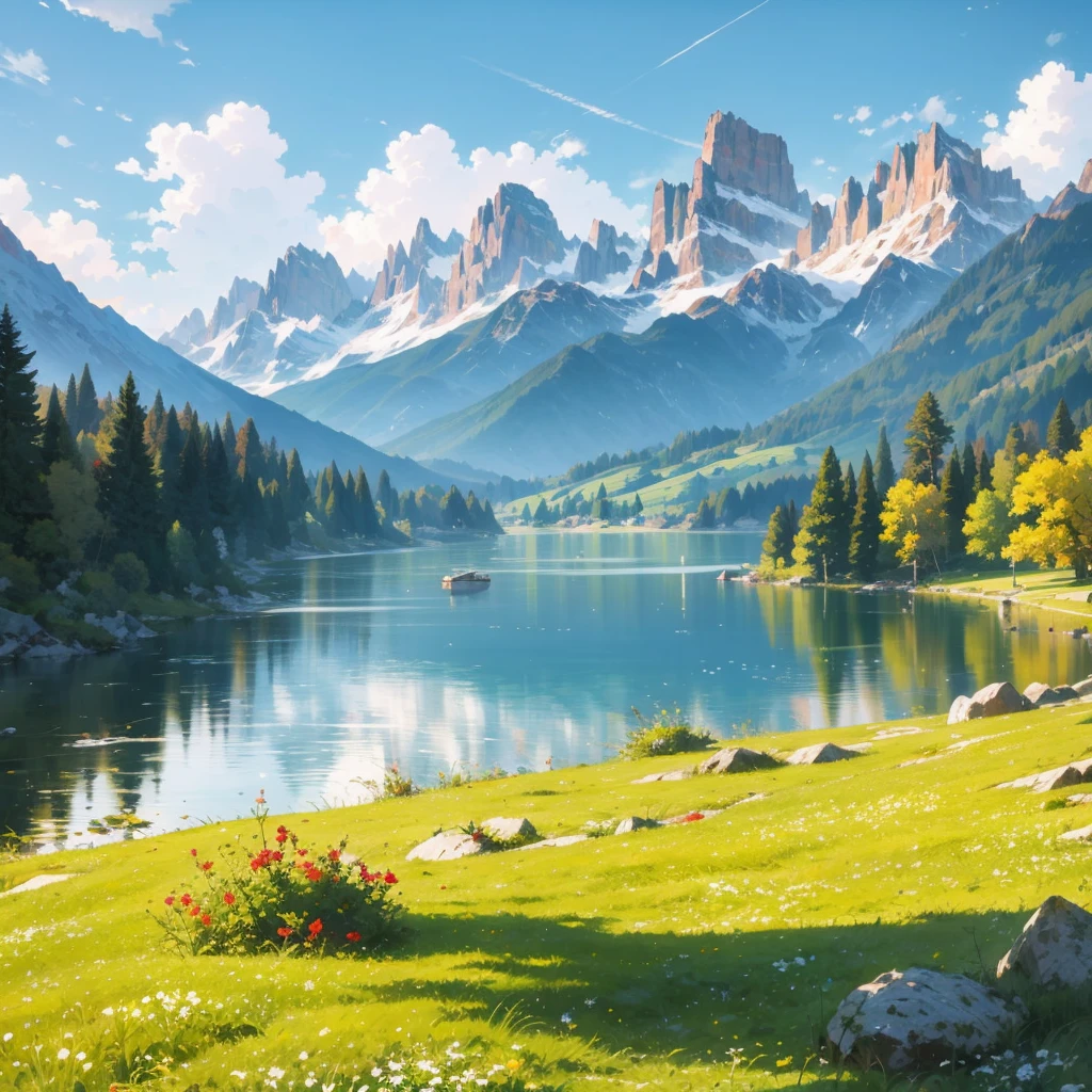 Araf view of the lake surrounded by mountains and trees,photo of the lake on a sunny day,vast sky,mountains near the lake,in the dolomites,distant mountains and lakes,beautiful lake,mountain lake,lake between mountains,beauty lake background,dolomites in the background,beautiful lake in the foreground,Studio Ghibli environment,4k matte painting,anime movie background,