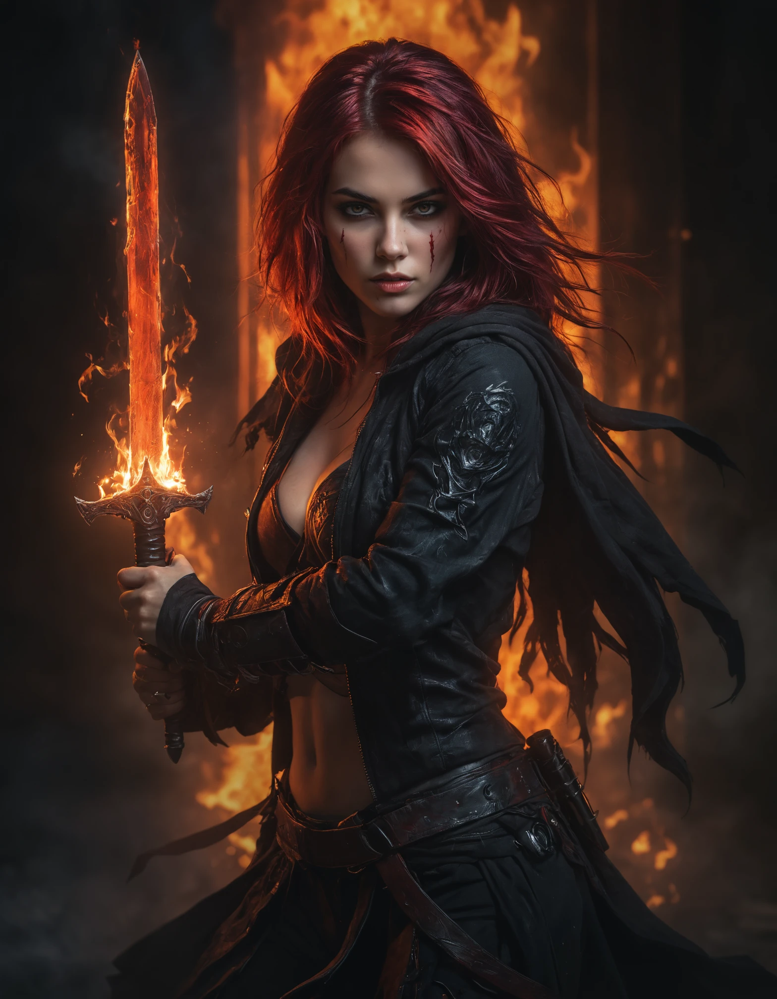 photorealistic, masterpiece, Rogue modern warrior girl, red-black coloured hair, shrouded in shadows, holding a flaming dagger in each hand, vibrant glowing abyssal colors, entirely in frame, FULL BODY, radiating electrical energy, shoulder length messy hair, hyperdetailed background, luminism