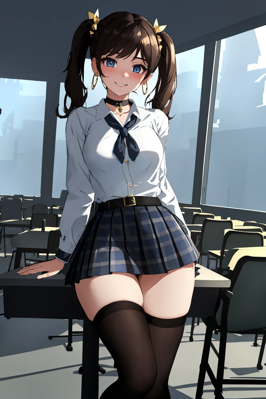 masterpiece, ultra-detailed, best quality, illustration, 8k cg wallpaper, an extremely delicate and beautiful, 1girl, solo, perfect anatomy, cute face, smiling, blushing, sparkling eyes, deep blue eyes, beautiful detailed eyes, dark brown hair, shoulder-length hair, twintails, cute hair accessories, cute earrings, cute choker, slim body, medium breasts, school uniform, perfect arms, perfect hands, perfect fingers, cute arm accessories, cute hand accessories, black belt with gold buckle, light blue plaid miniskirt, cute thigh-high stockings, perfect legs, cute, pretty, beautiful, sexy, perfect body, (background: classroom, desks, chairs, blackboard, windows, intricately detailed items in background), <lora:Inside:1>