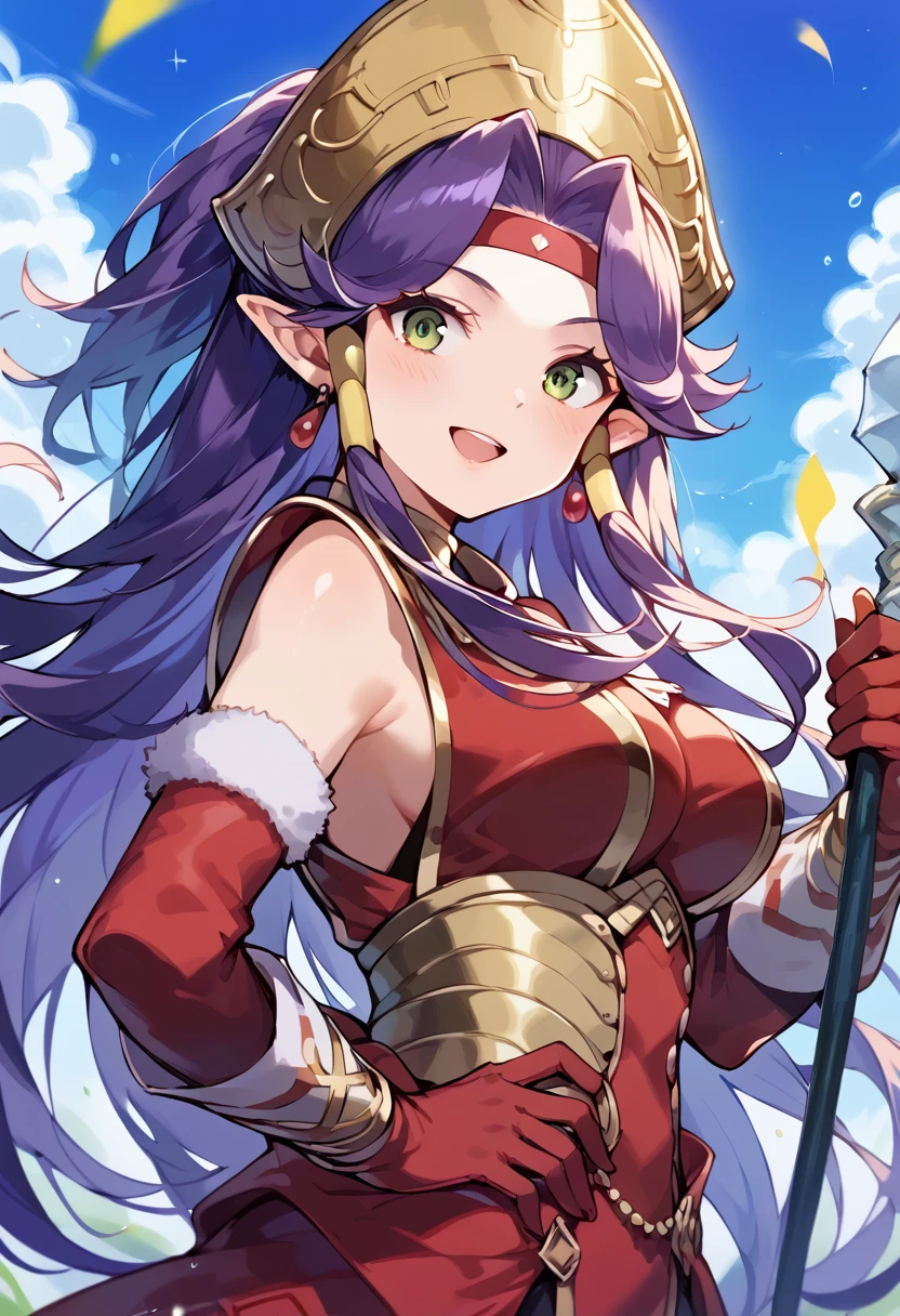 score_9, score_8_up, score_7_up, best quality, masterpiece, source_anime BREAK
1girl, angela \(seiken densetsu 3\), grand diviner, circlet, lance, looking to the side, teeth, brown gloves, blue sky, headband, blurry background, hair intakes, hair tubes, day, holding polearm, cloud, forehead protector, armor, large breasts, green eyes, detached sleeves, fur trim, headdress, cloudy sky, upper body, purple hair, hat, :d, spear, shiny, staff, lips, red gloves, jewelry, blush, armored dress, pointy ears, flower, belt, solo, from side, armpits, fur-trimmed sleeves, light particles, outdoors, shiny hair, smile, hand on own hip, depth of field, tiara, simple background, red bow, confetti, fur-trimmed gloves, parted bangs, headpiece, sparkle, headgear, sidelocks, red headband, breastplate, helmet, upper teeth, bare shoulders, long sleeves, looking at viewer, standing, eyelashes, skirt, hand on hip, hairband, floating hair, sleeveless dress, red dress, polearm, very long hair, holding staff, 1girl, makeup, red shirt, open mouth, glint, elbow gloves
<lora:angela_seiken_densetsu_3_sdxl_pony_a_locon_v1:0.7>