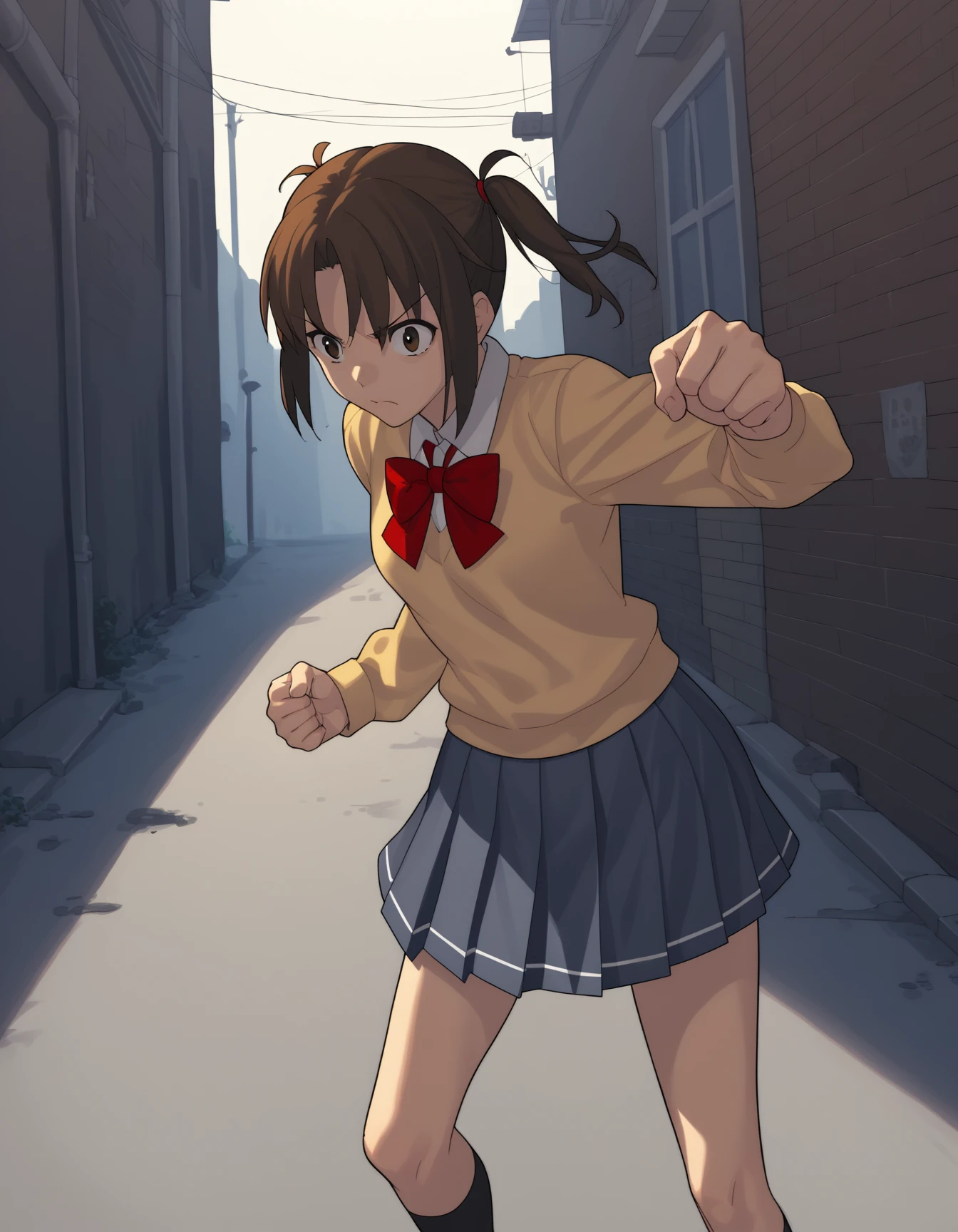 score_9,  score_8_up, score_7_up
source_anime <lora:sacchin-ponyxl-000025:1> sacchin, school uniform, microskirt,
1girl, fighting stance, frown, shadow, alley, night sky, night