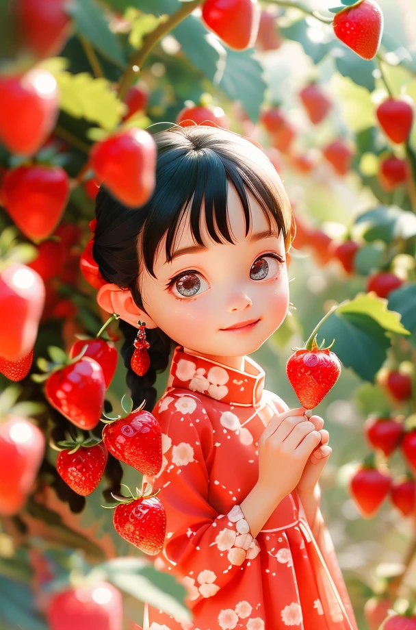 , child Hanfu, 1girl, fruit, food, solo, braid, looking at viewer, holding food, black hair, earrings, holding, dress, jewelry, blurry, upper body, holding fruit, bangs, strawberry, 
 <lora:Fruit Story-HXZ:0.75>