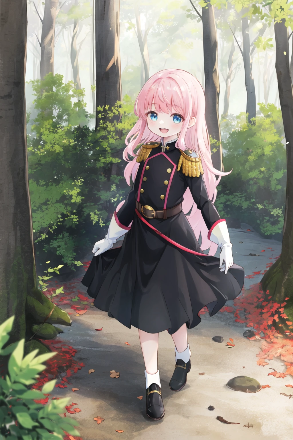 mato uniform, outdoors, forest, nature, long hair, pink hair, flat chest, blue eyes, smile, :d, looking at viewer, long dress, black dress, long sleeves, white gloves full body, epaulettes, <lora:mato:0.6>