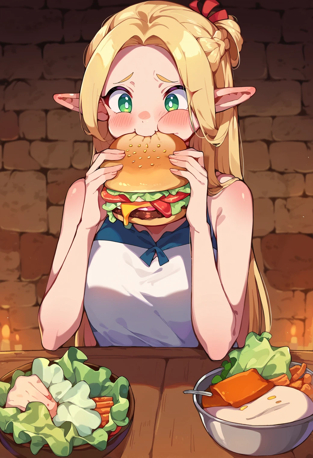 score_9, score_8_up, score_7_up, score_6_up, source anime, BREAK
<lora:dungeon_meshi_collection:0.9> ellicrampnxl, marcille donato, 1girl, pointy ears, elf, dungeon, burger, holding food, holding, eating, blush, food on face, :t, stomach, lettuce, bare shoulders,