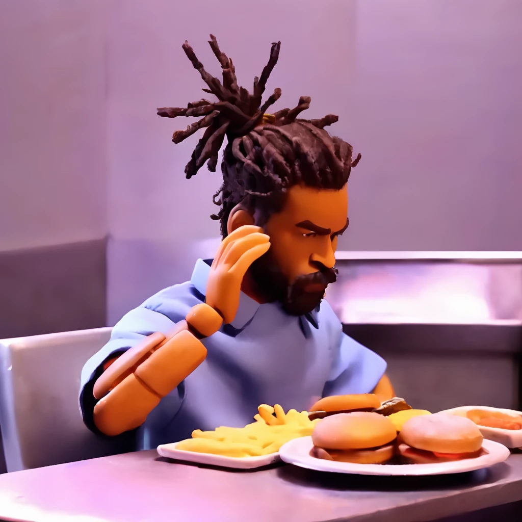 a cinematic still of ,rbtchkn style ,rhwrld , dreads in a bun in the style of rbtchkn <lora:riiahworldxl:1> rhwrld, depth of field , at a resturaunt eating a burger,<lora:jcoleXL:0.7> robot chicken, rbtchkn, robot chicken tv show, stop motion