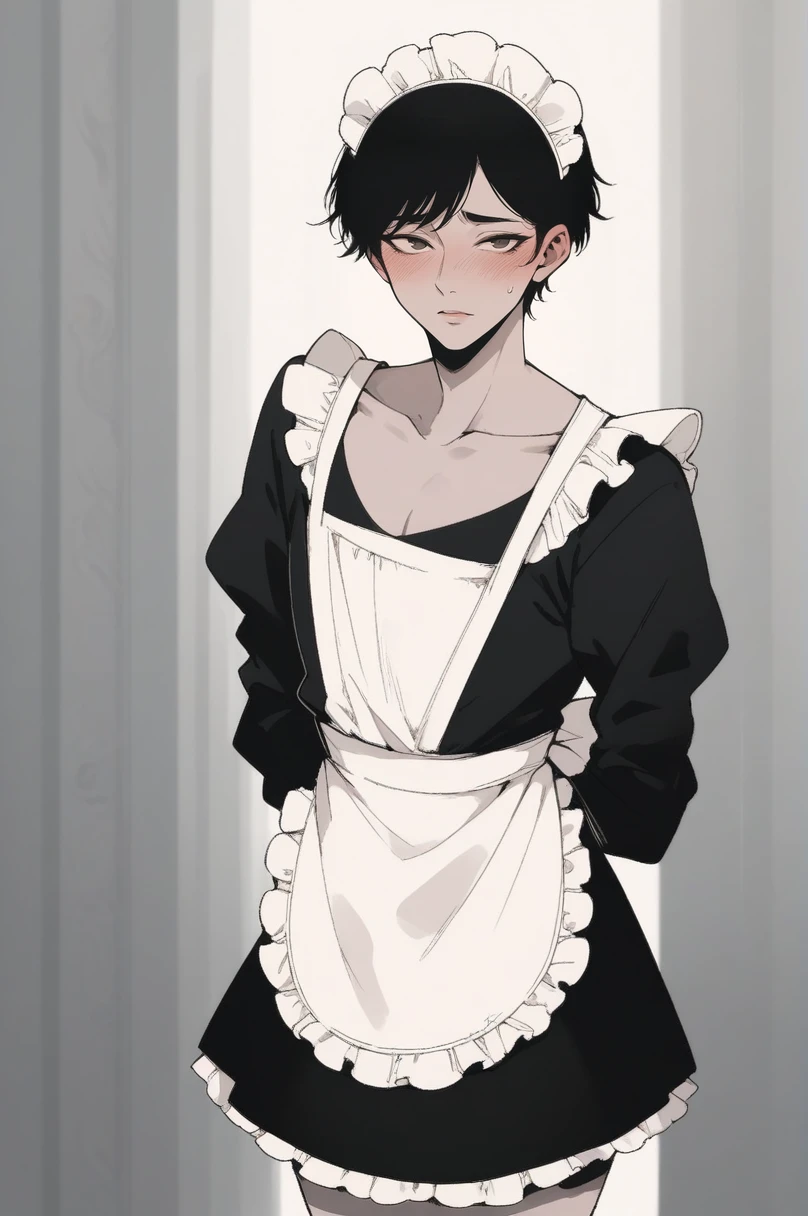 score_9, score_8_up, score_7_up,score_6_up,score_5_up,   <lora:NoctFlatStyle:0.5>
femboy, male focus,  black hair, blush, looking at viewer, bangs, thighs, maid, maid headdress, , maid apron, standing, collarbone, greyscale,