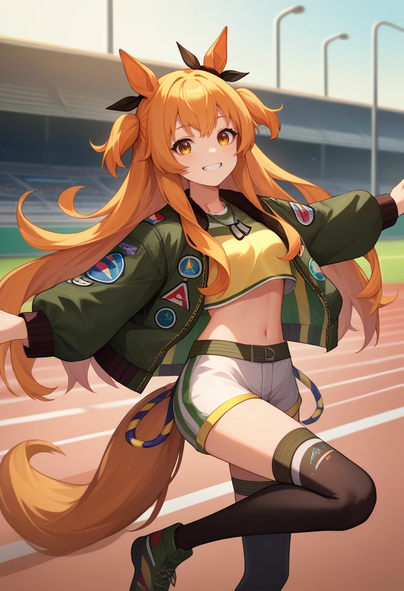 score_9, score_8_up, score_7_up, source_anime, solo, 1girl, mayanotopgun, grin, looking at viewer, outstretched arms, standing on one leg, two side up, animal ears, ear ribbon, black ribbon, green jacket, bomber jacket, open jacket, long sleeves, yellow shirt, crop top, white shorts, black thighhighs, dog tags, horse tail, midriff, navel, outdoors, racetrack <lora:umamusume_mayanotopgun_ponyXL:1>