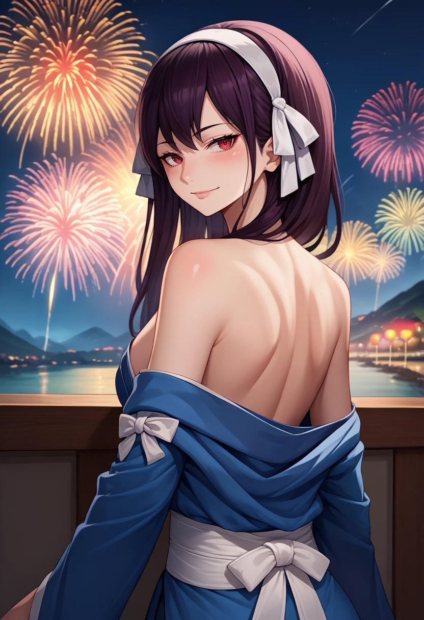 score_9, score_8_up, score_7_up, source_anime, from behind, solo, 1girl, ultear milkovich, smile, looking back, hair ribbon, white hairband, red eyes, blue kimono, off shoulder, white sash, bare shoulders, fireworks <lora:fairytail_ultearmilkovich_ponyXL:1>