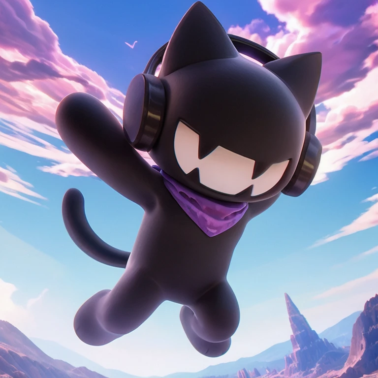 (best quality, high quality:1),  <lora:fluffyrock-quality-tags-v4:1>, monstercat, black cat, male, short, black headphones, black fangs, purple bandana, black tail, smile, anthro, flying, 
crystals, sky, purple and blue clouds, background, 3D,  <lora:Monstercat_LoRA_v1.1:0.75>