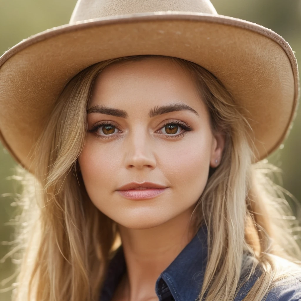 Skin texture, no makeup, Super high res closeup portrait photo of a woman outdoors with long blonde hair wearing a classic cowboy hat, confident, f /2.8, Canon, 85mm,cinematic, high quality,looking at the viewer,   jenxcoleman,    <lora:jencoleman_32_small_xl_7_standard_wo_cap-merger-29_52_04_06-jenxcoleman:1.0>